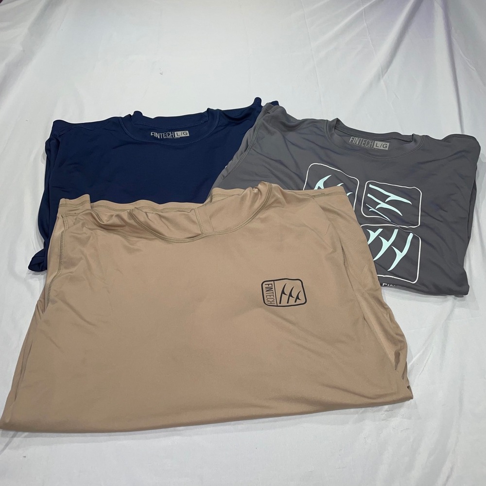 Fintech Mens Performance Long Sleeve Shirt Lot of 3 Navy Grey Tan Size Large